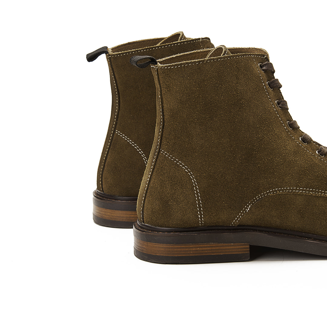 Suede Lace Up Genuine Leather Half Boots - Olive