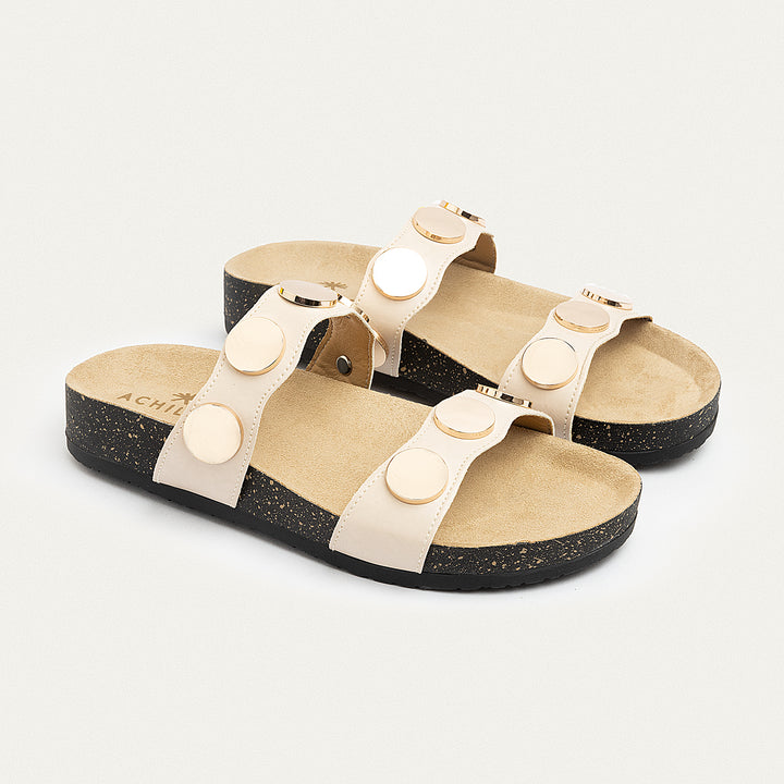 Achilles | Golden Oasis Studded Comfort Slides - Beige
