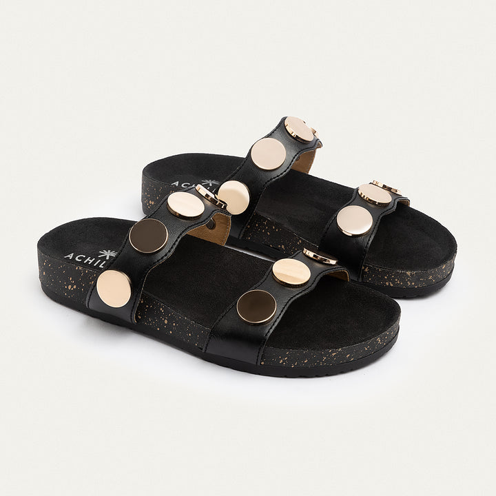 Achilles | Golden Oasis Studded Comfort Slides - Black