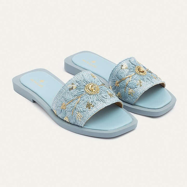 Achilles | Bloom Embroidered Raffia Slides - Sky Blue