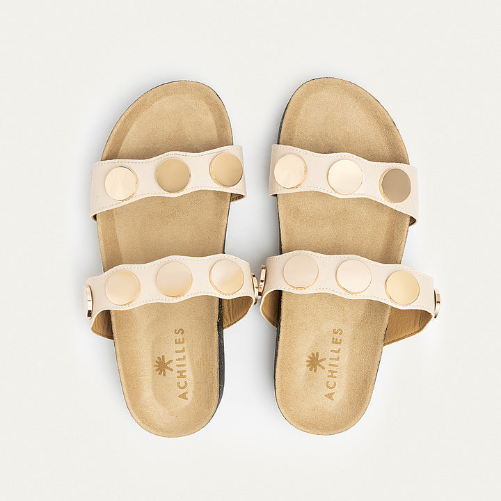 Achilles | Golden Oasis Studded Comfort Slides - Beige