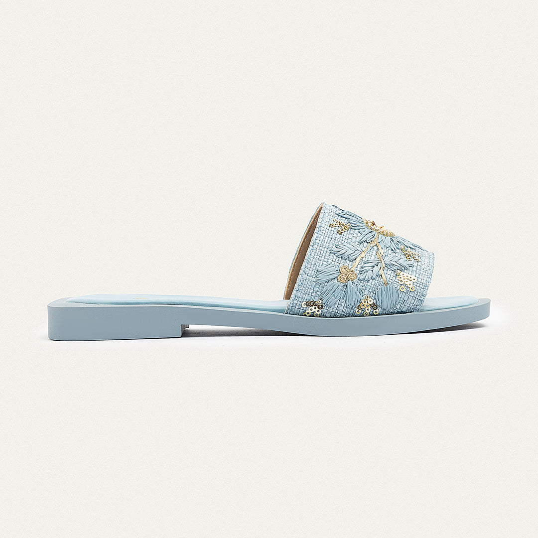 Achilles | Bloom Embroidered Raffia Slides - Sky Blue