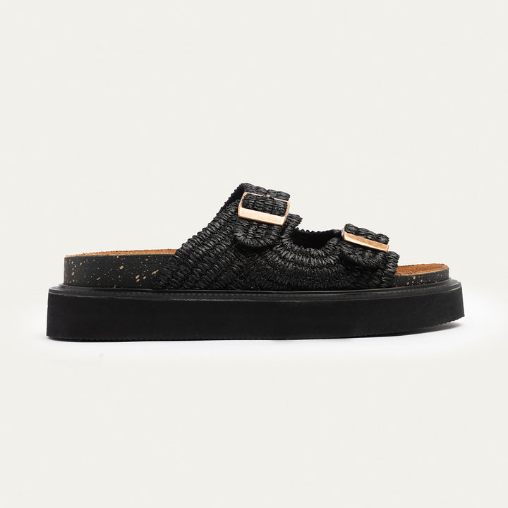 Achilles | Boho Chic Woven Platform Slides - Black