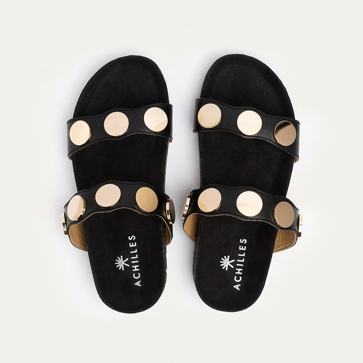 Achilles | Golden Oasis Studded Comfort Slides - Black