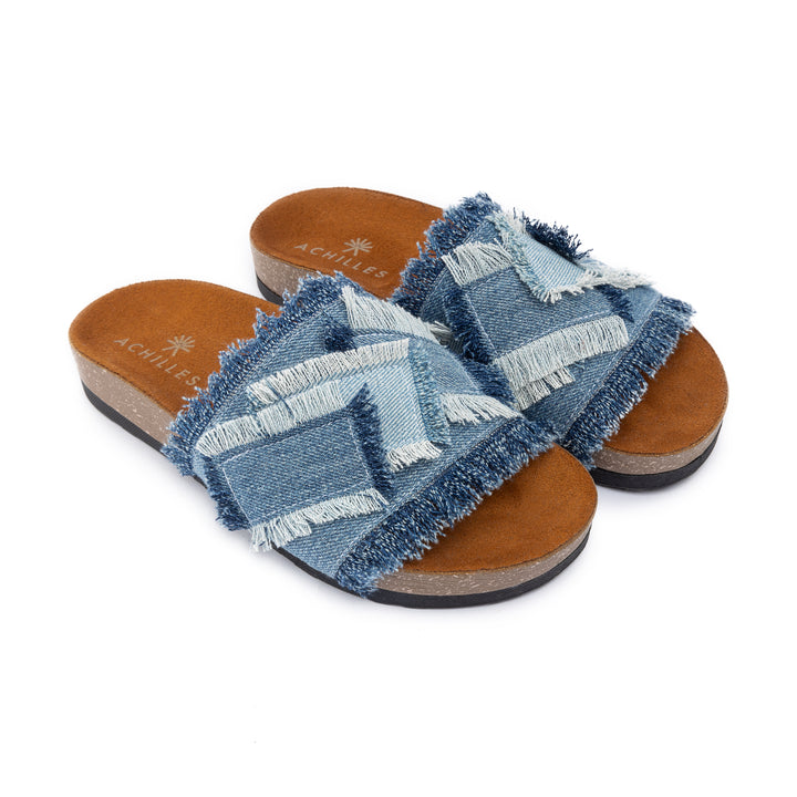 Frayed Denim Slides - Blue