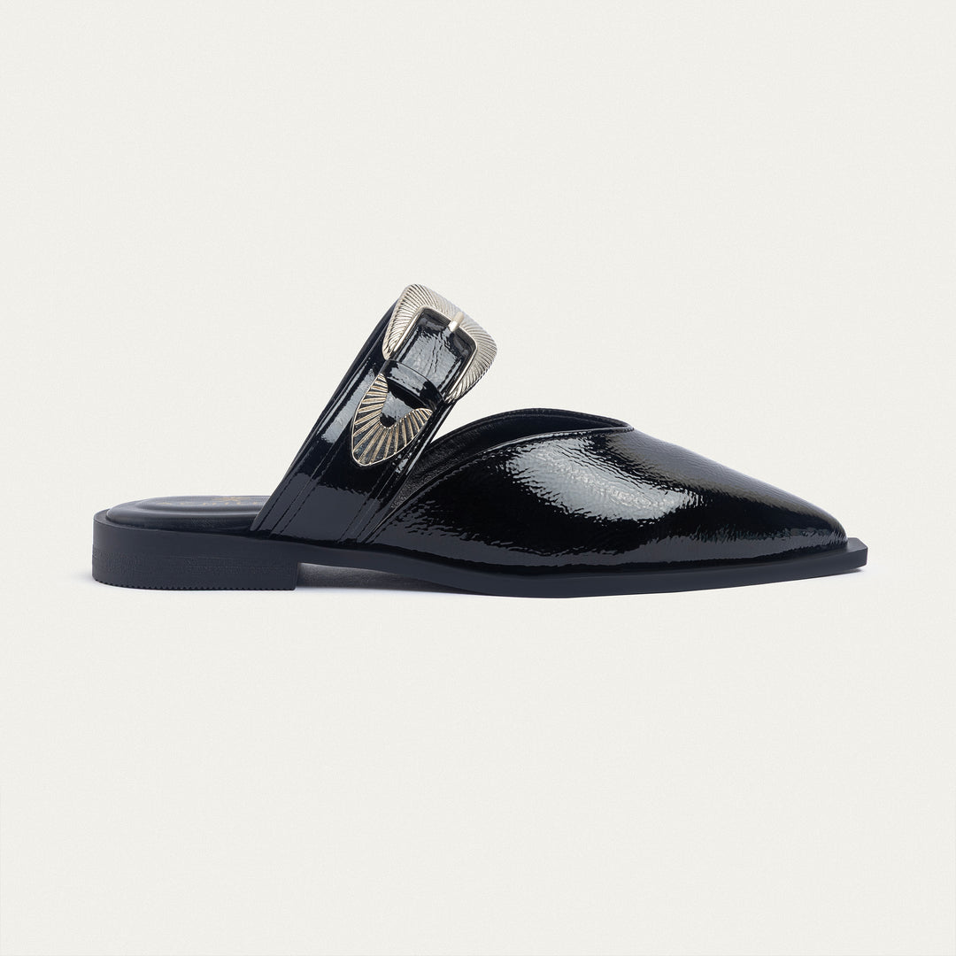 Achilles | Celeste buckle Mules - Glossy Black