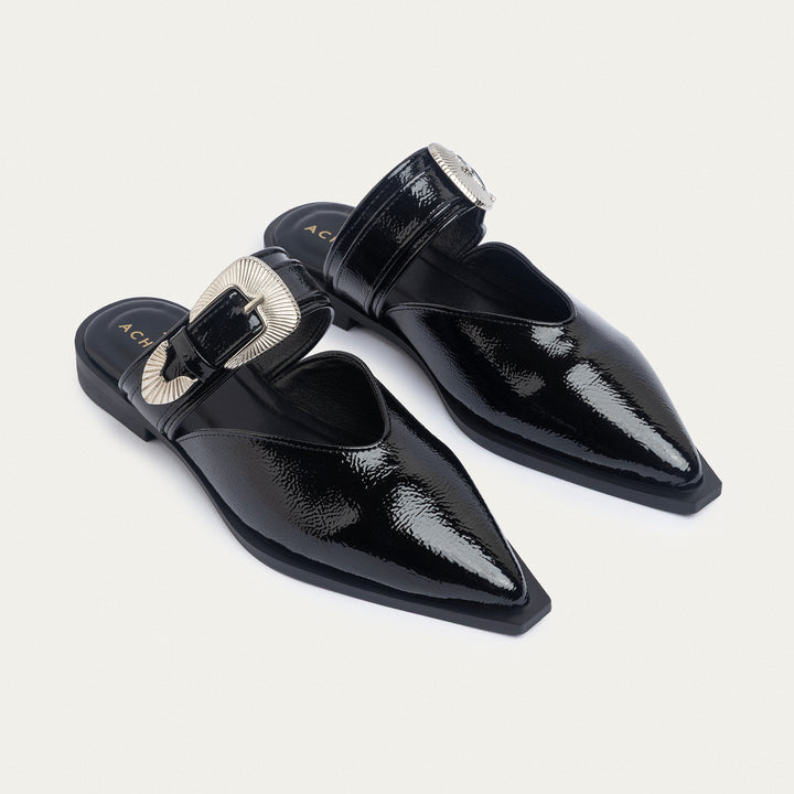 Achilles | Celeste buckle Mules - Glossy Black