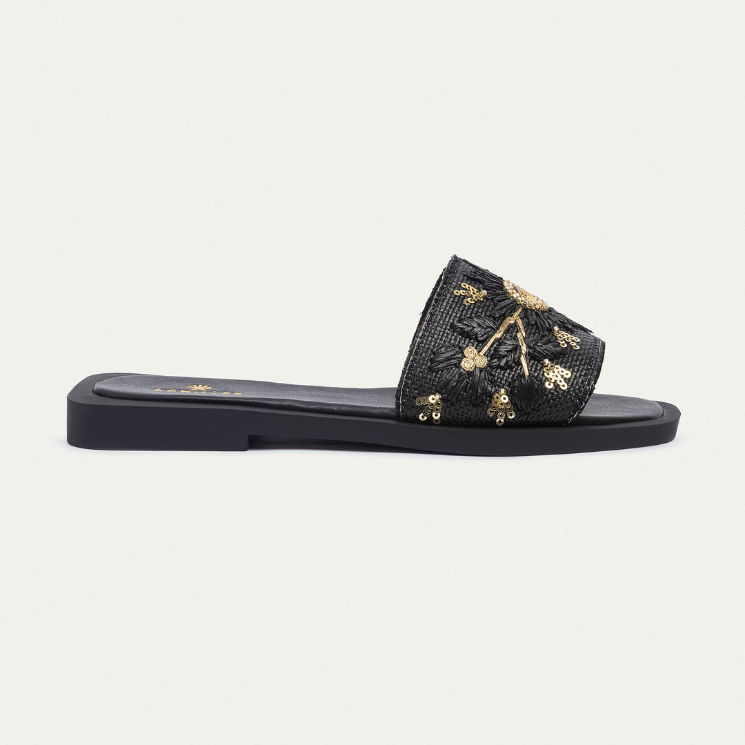Achilles | Bloom Embroidered Raffia Slides - Black