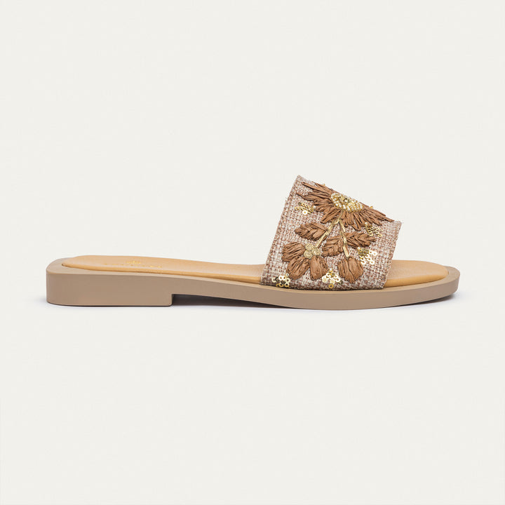Achilles | Bloom Embroidered Raffia Slides - Tan Brown