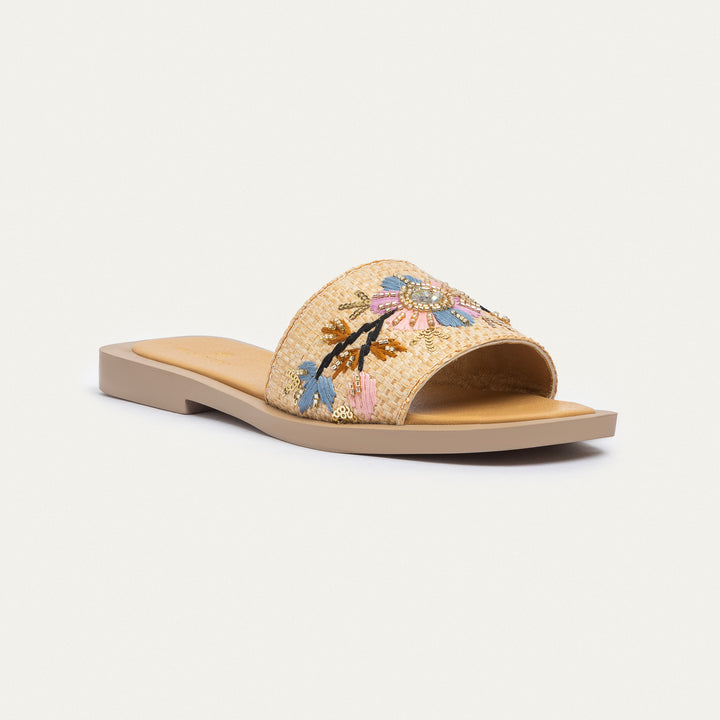 Achilles | Bloom Embroidered Raffia Slides - Beige