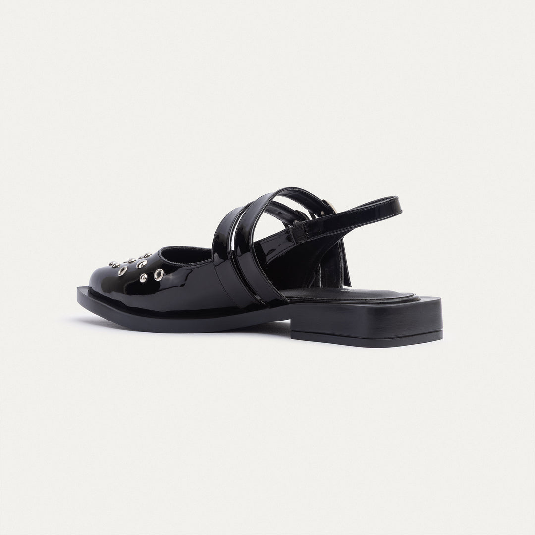 Achilles |  Women's Gilded Stud Slingback Flats - Glossy Patent Black