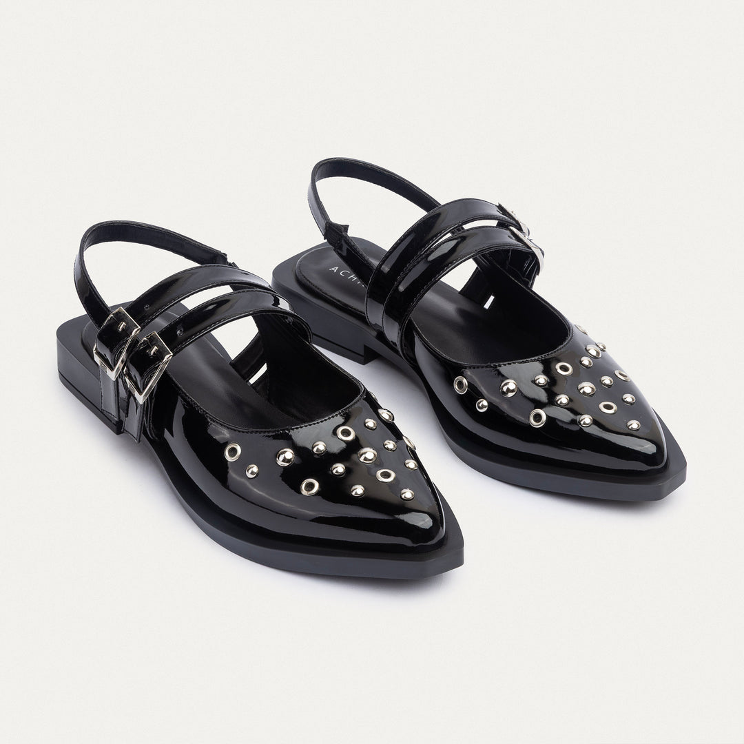Achilles |  Women's Gilded Stud Slingback Flats - Glossy Patent Black