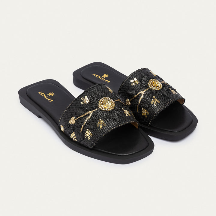 Achilles | Bloom Embroidered Raffia Slides - Black