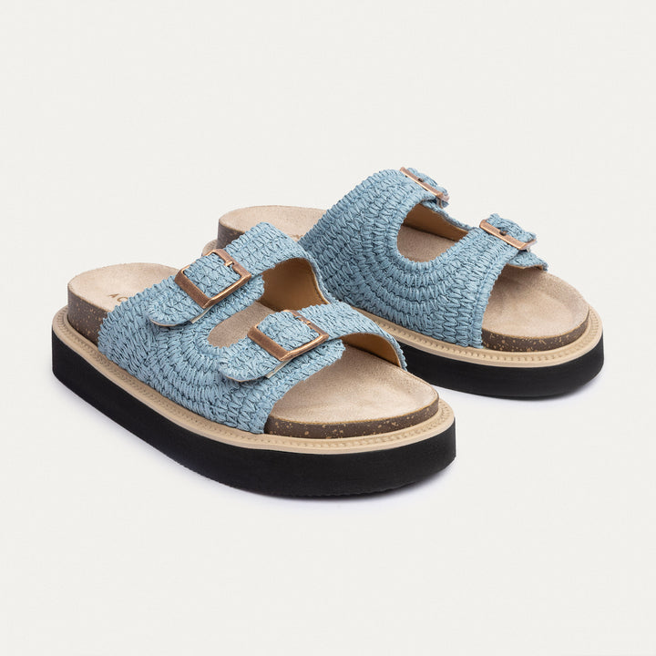 Achilles | Boho Chic Woven Platform Slides - Sky Blue