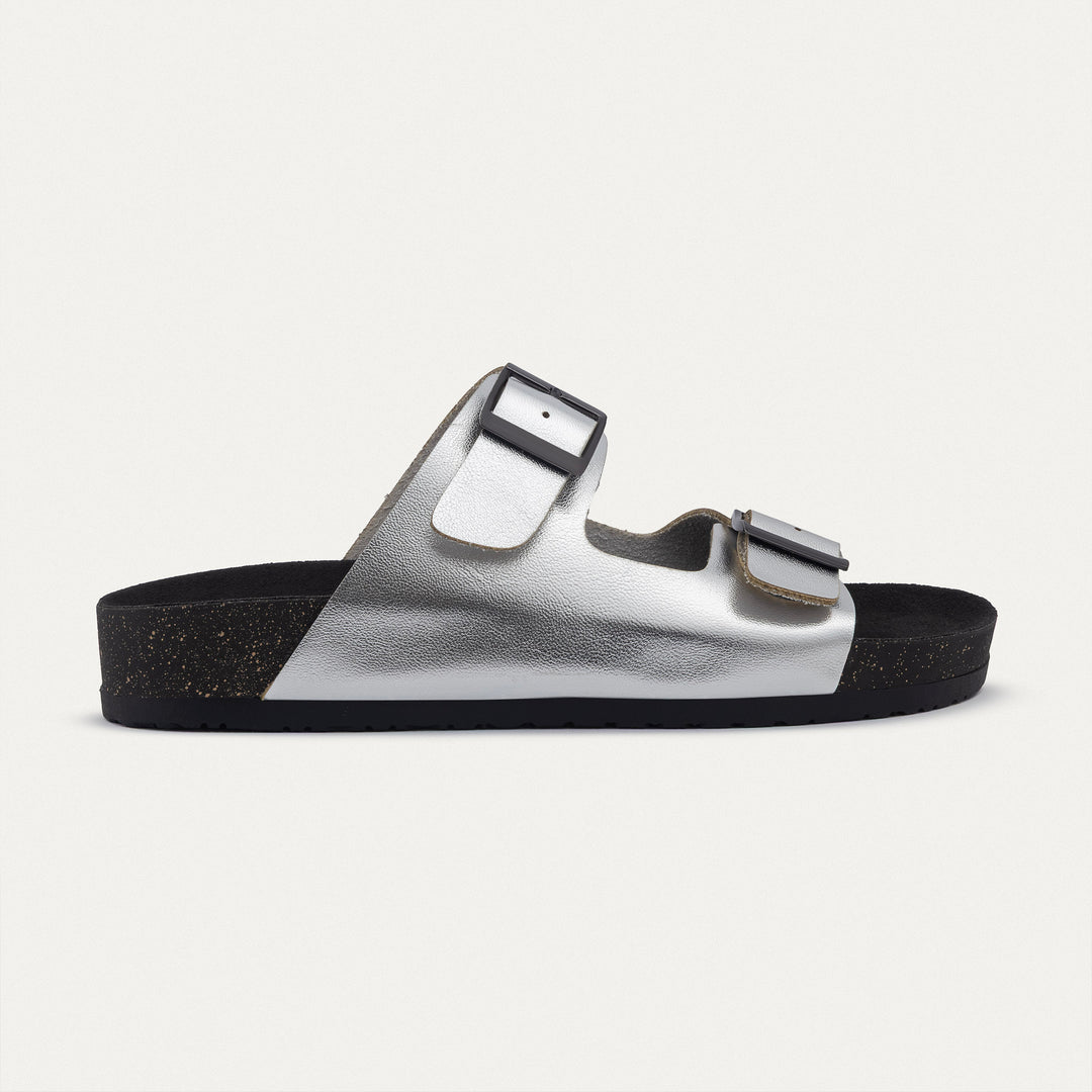 Achilles | Luxe Twin Buckle Slides –  Silver