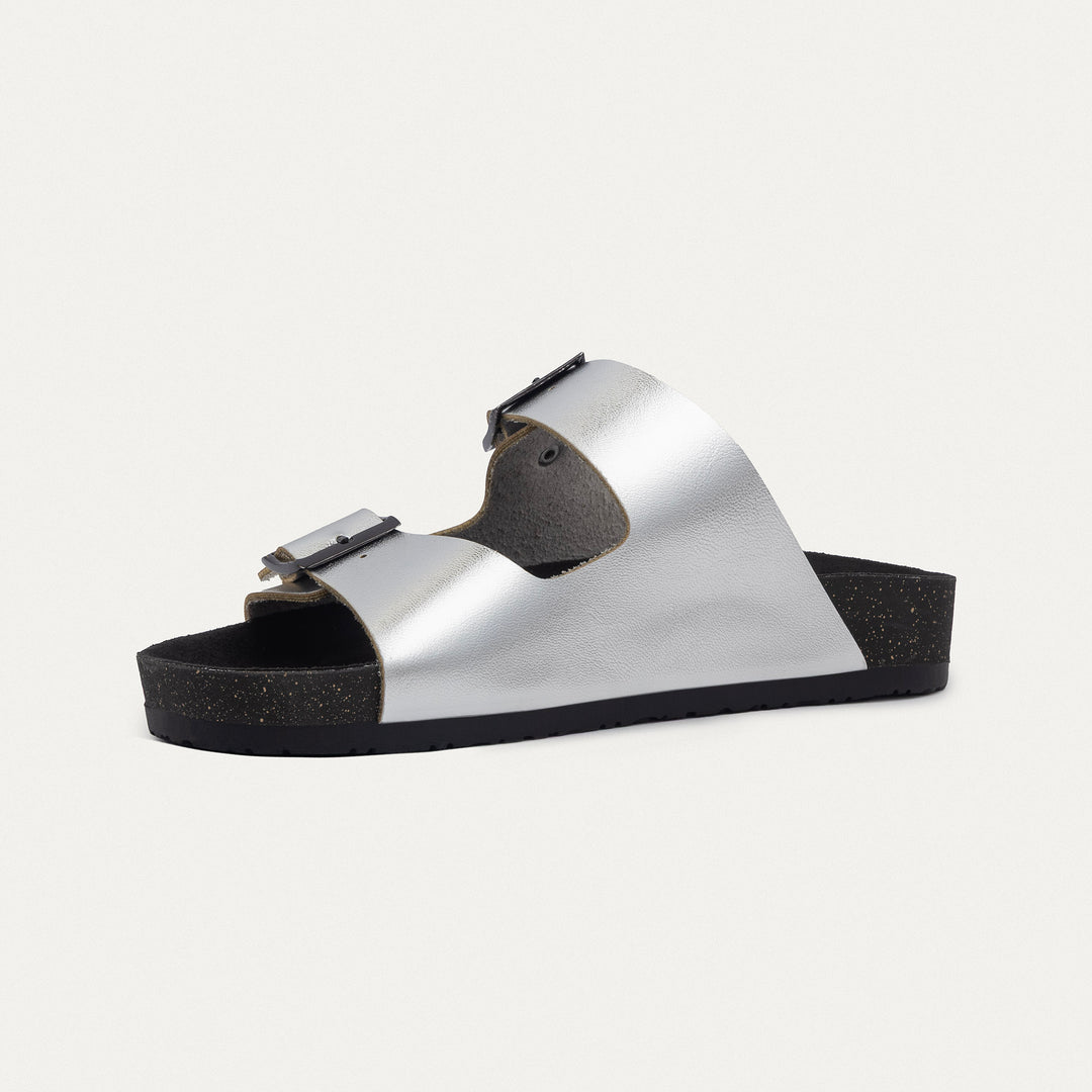 Achilles | Luxe Twin Buckle Slides –  Silver