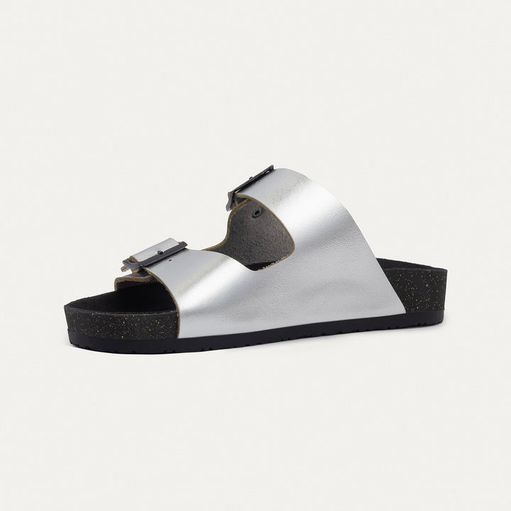 Achilles | Luxe Twin Buckle Slides –  Silver