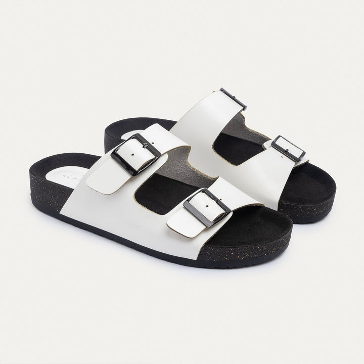 Achilles | Luxe Twin Buckle Slides –  White