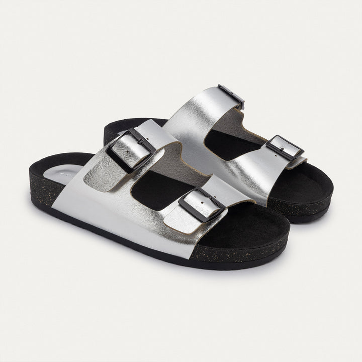 Achilles | Luxe Twin Buckle Slides –  Silver