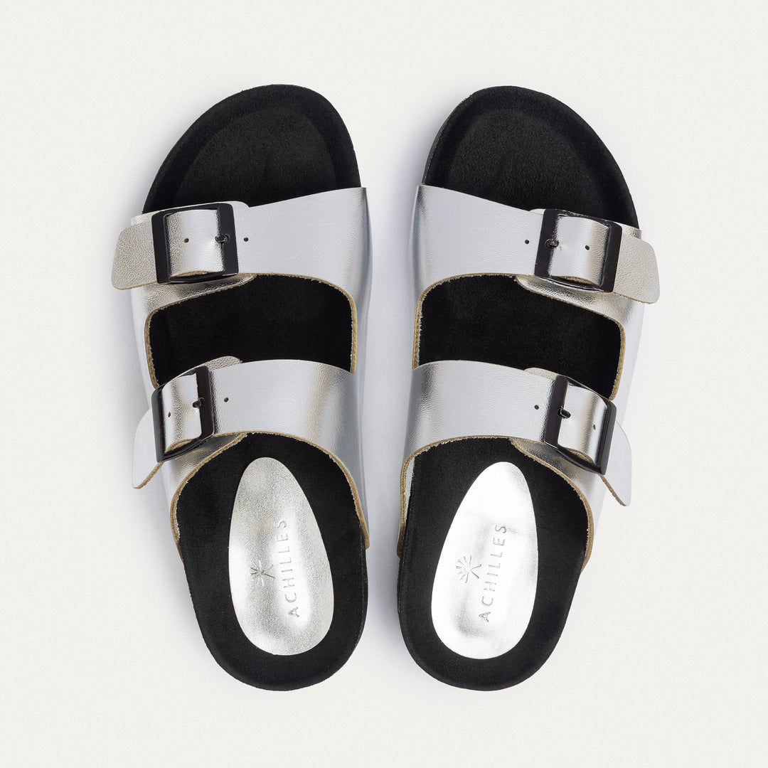 Achilles | Luxe Twin Buckle Slides –  Silver