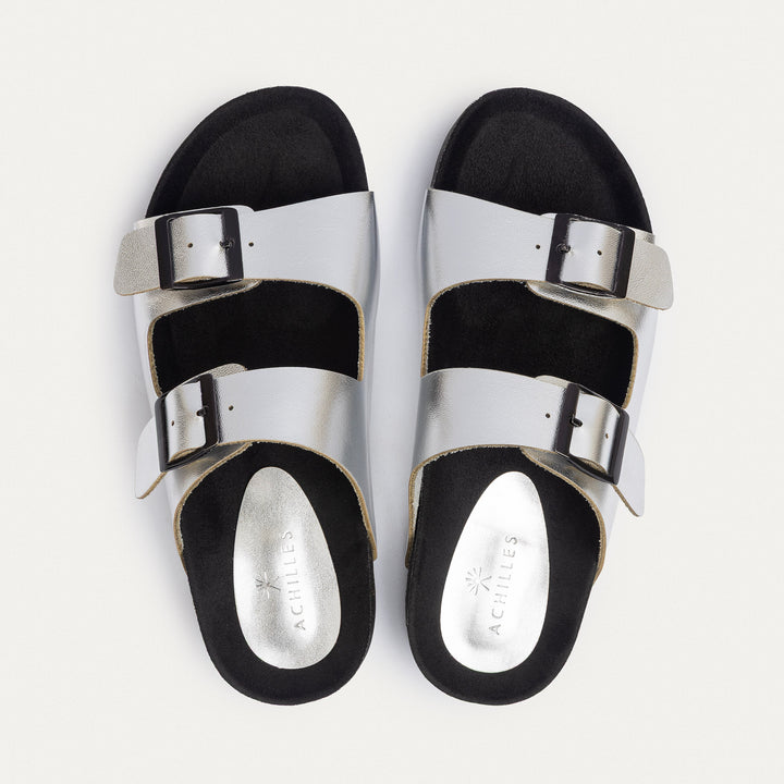 Achilles | Luxe Twin Buckle Slides –  Silver