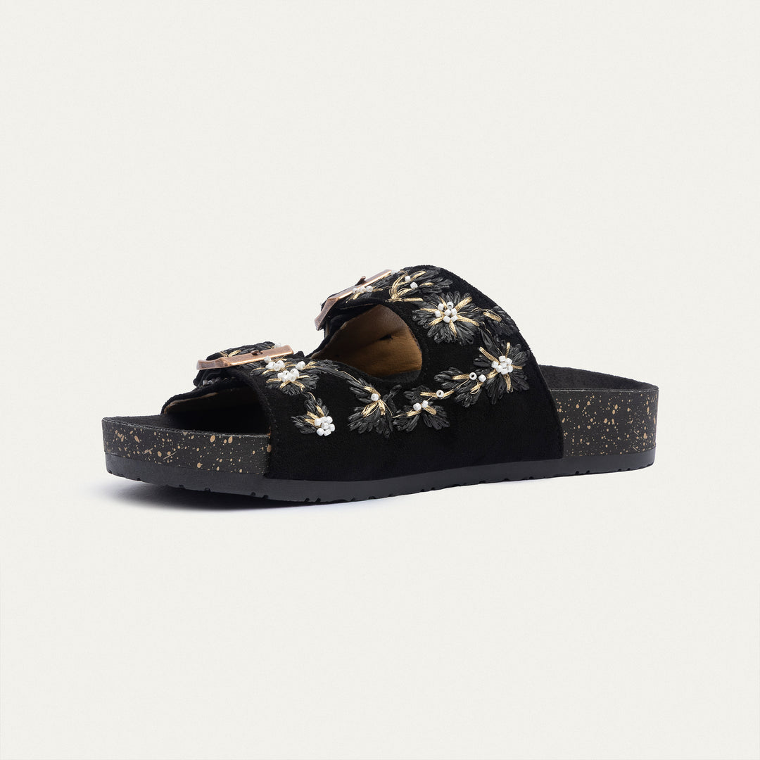 Achilles | Floral Grace Buckle Slides - Black