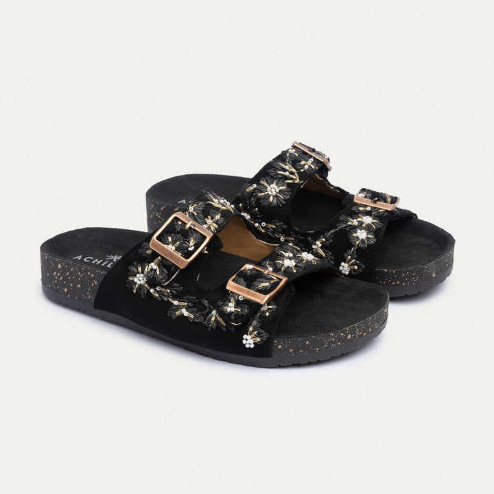 Achilles | Floral Grace Buckle Slides - Black