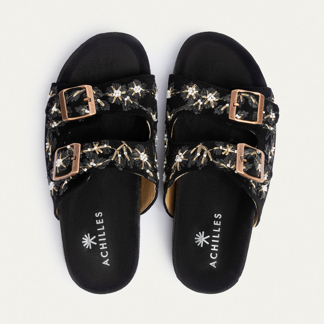 Achilles | Floral Grace Buckle Slides - Black