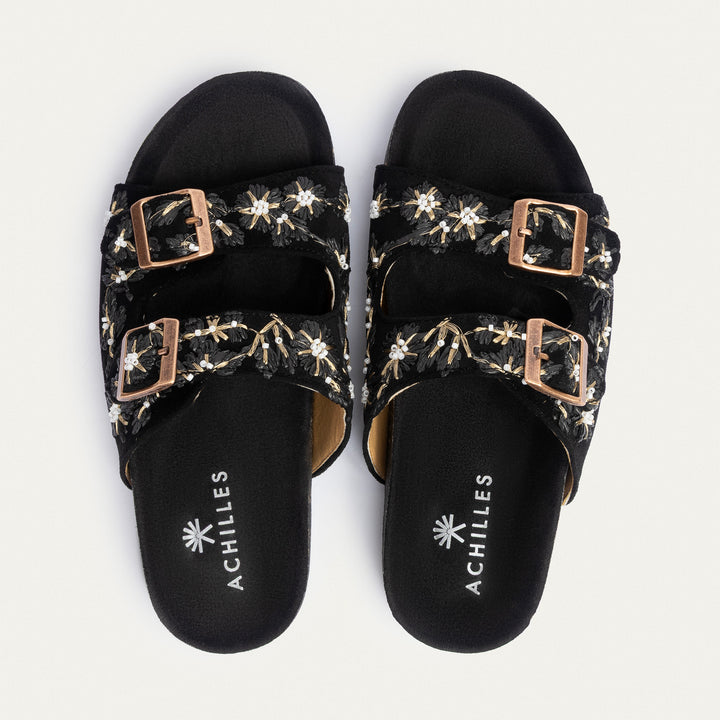 Achilles | Floral Grace Buckle Slides - Black