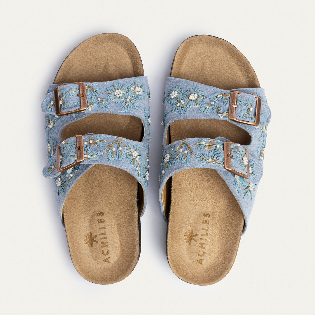 Achilles | Floral Grace Buckle Slides - Sky Blue