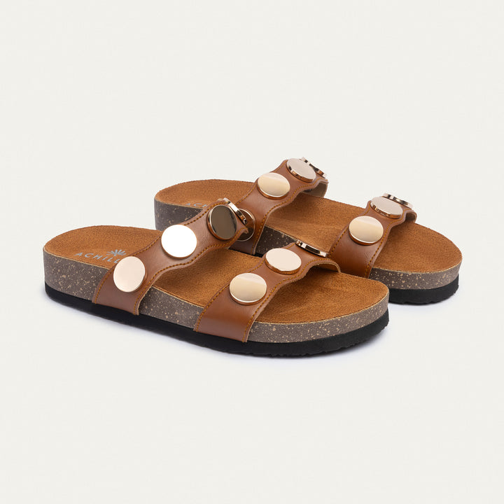 Achilles | Golden Oasis Studded Comfort Slides - Cinnamon