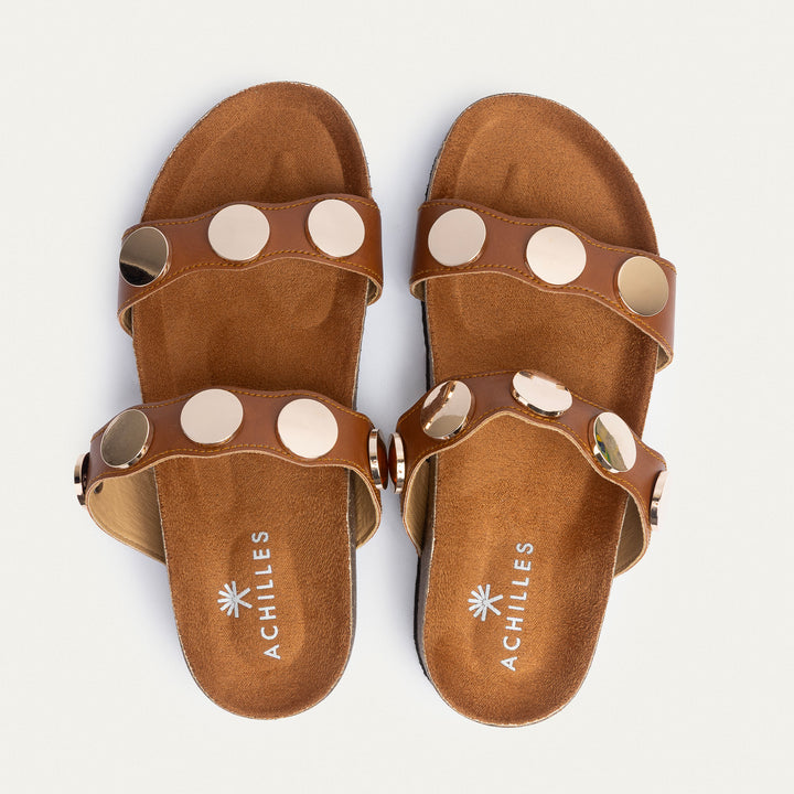 Achilles | Golden Oasis Studded Comfort Slides - Cinnamon