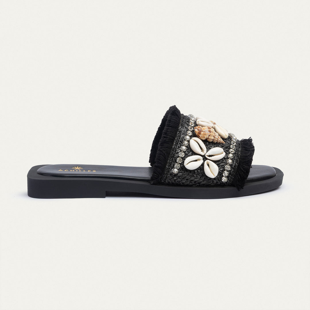 Achilles | Seashore Shell-Embellished Slides - Black