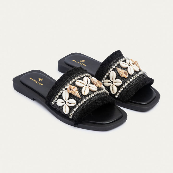 Achilles | Seashore Shell-Embellished Slides - Black