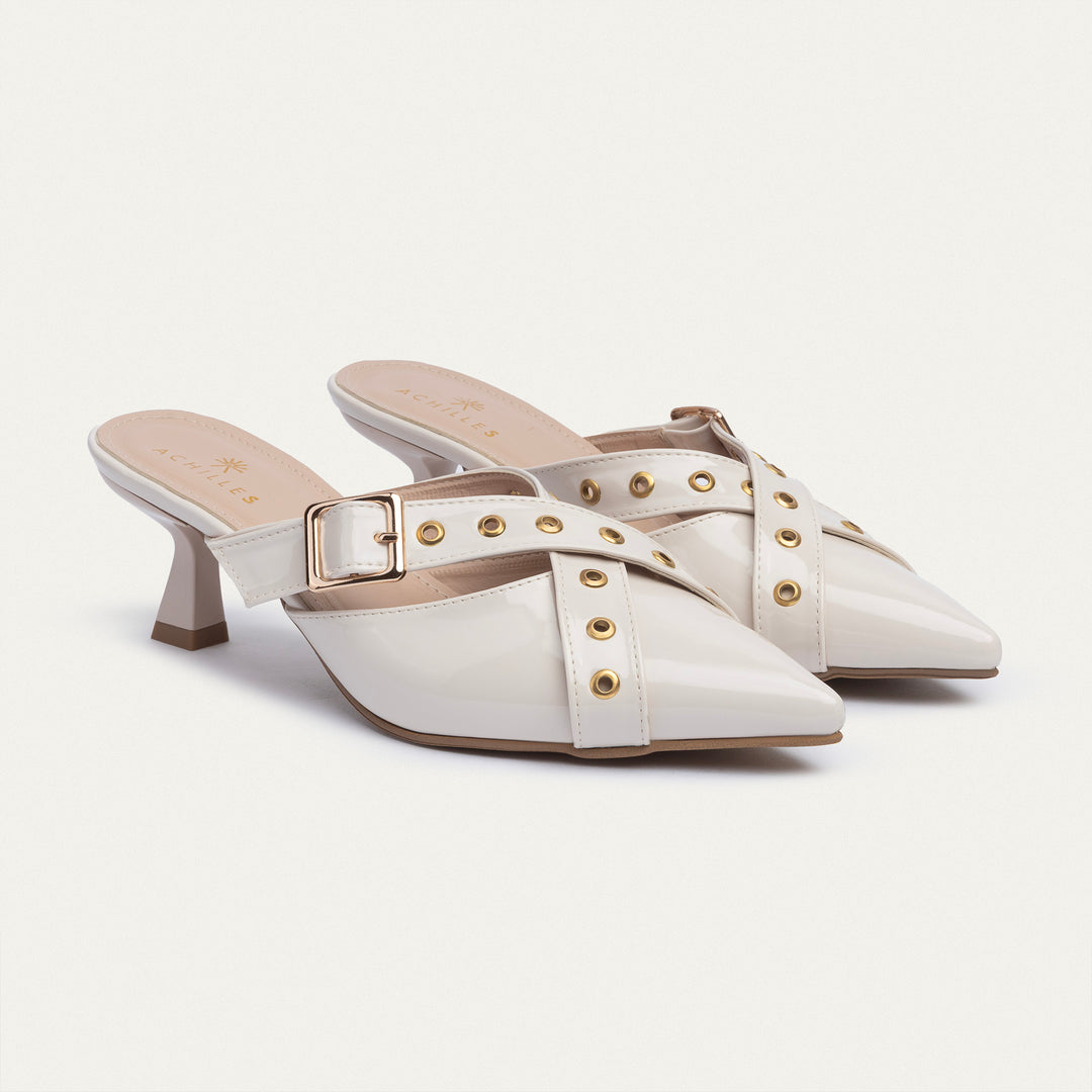 Achilles| Clara Buckled Patent Mules -Beige