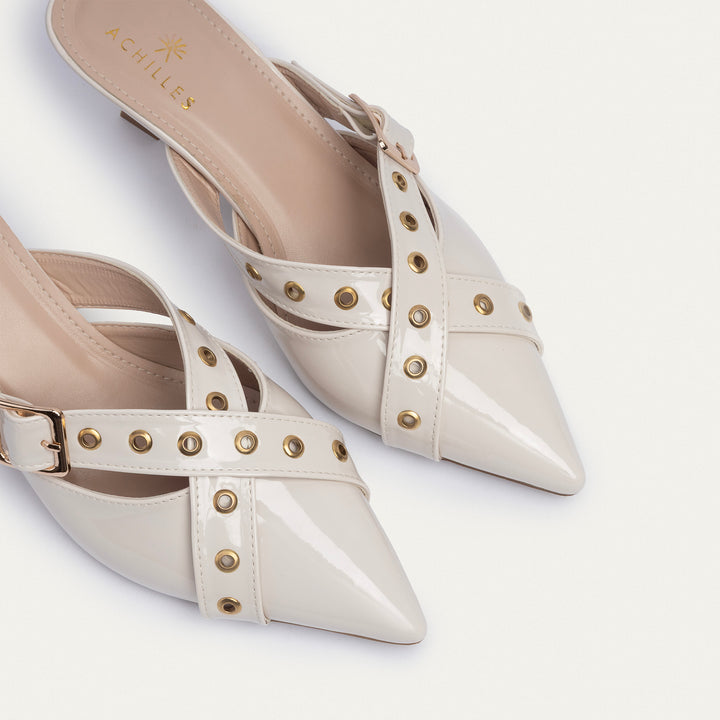 Achilles| Clara Buckled Patent Mules -Beige