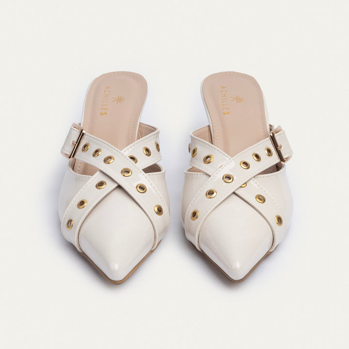 Achilles| Clara Buckled Patent Mules -Beige