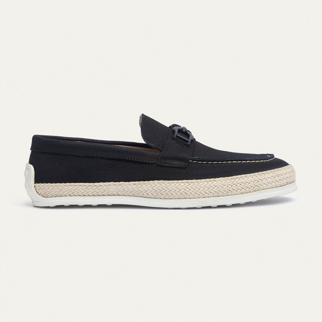 Achilles | Vigo Loafers – Textured Leather Slip-On with Chain Accent -Black