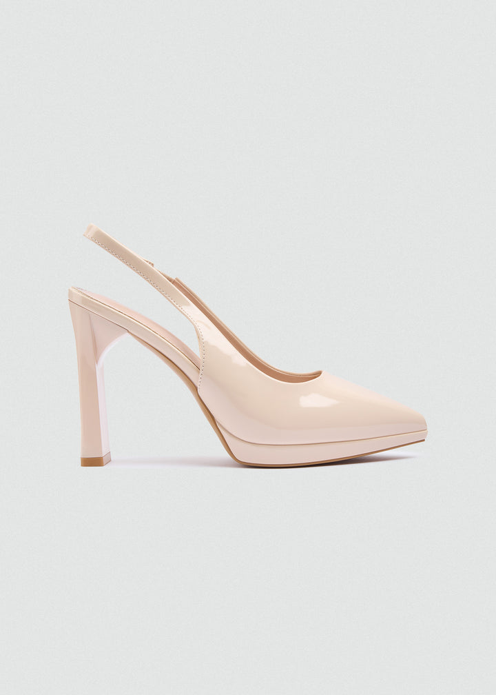 Pointy Slingback Block Heel Pumps - Beige