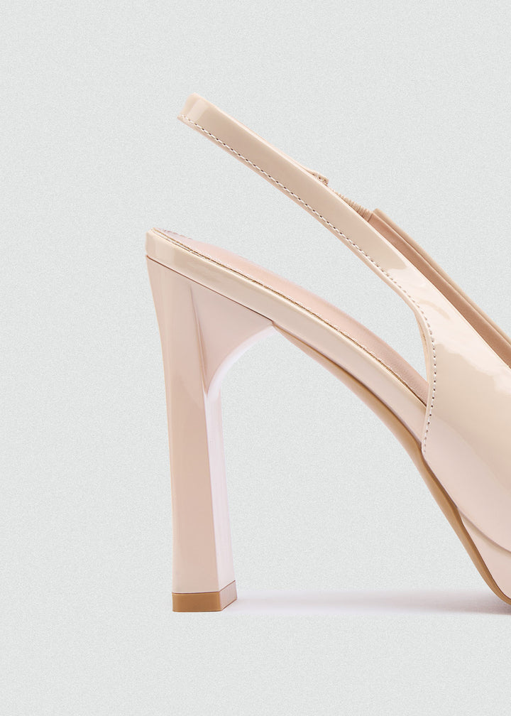 Pointy Slingback Block Heel Pumps - Beige