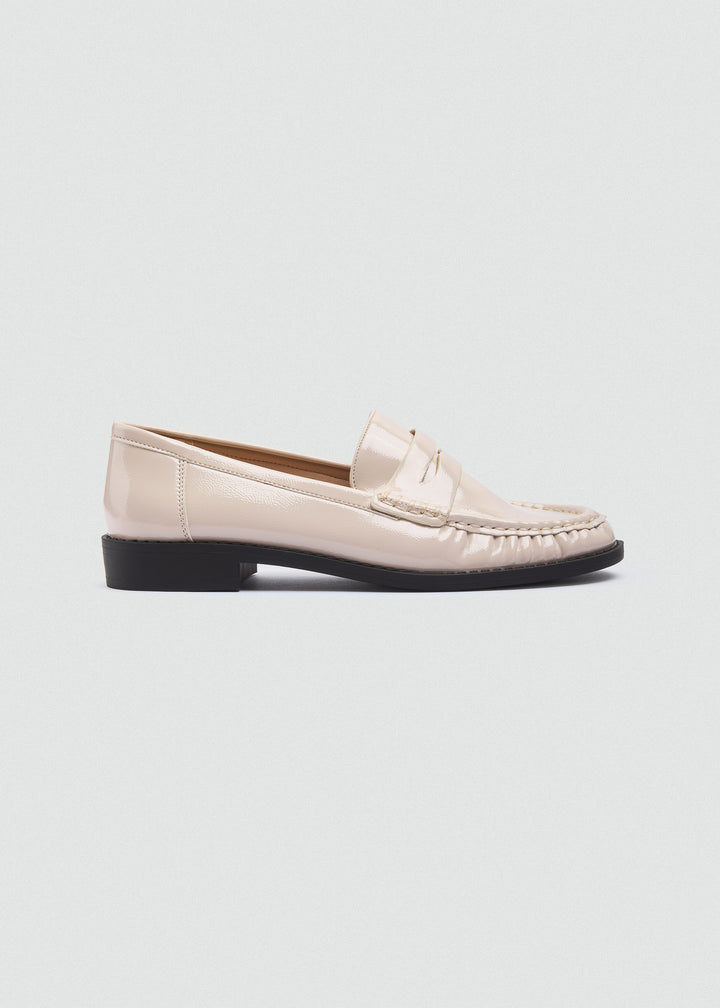 Patent Crinkle Penny Loafers - Beige