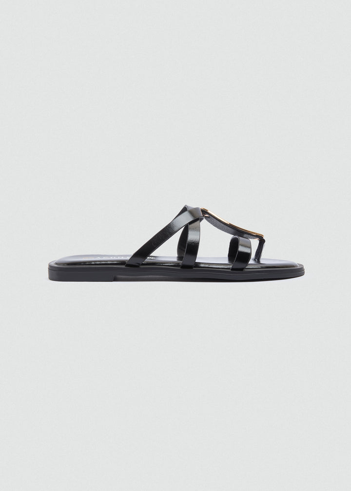 Flat Thong Sandals Gold Oval Ring - Black
