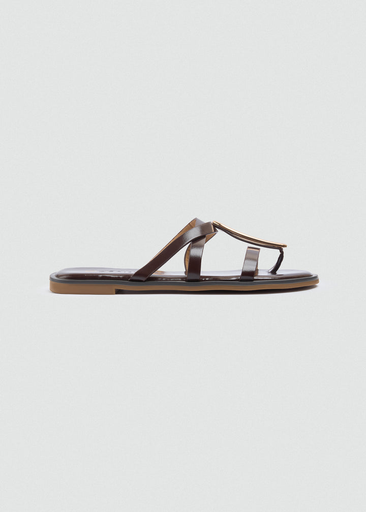 Flat Thong Sandals Gold Oval Ring - Brown