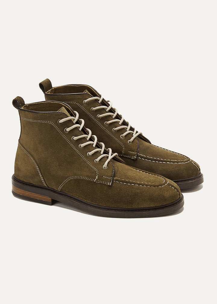 Moc Toe Suede Lace Up Genuine Leather Half Boots - Olive