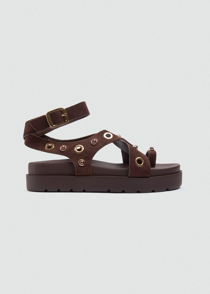 Chunky Suede Platform Crisscross Studded Sandals - Brown