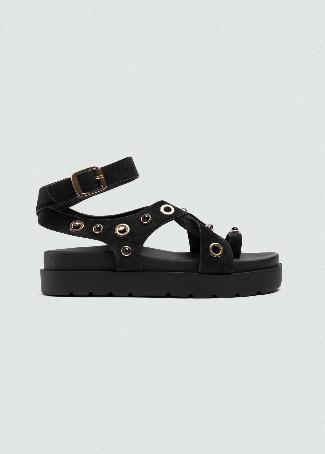 Chunky Suede Platform Crisscross Studded Sandals - Black
