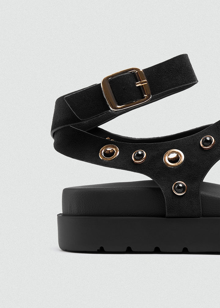 Chunky Suede Platform Crisscross Studded Sandals - Black