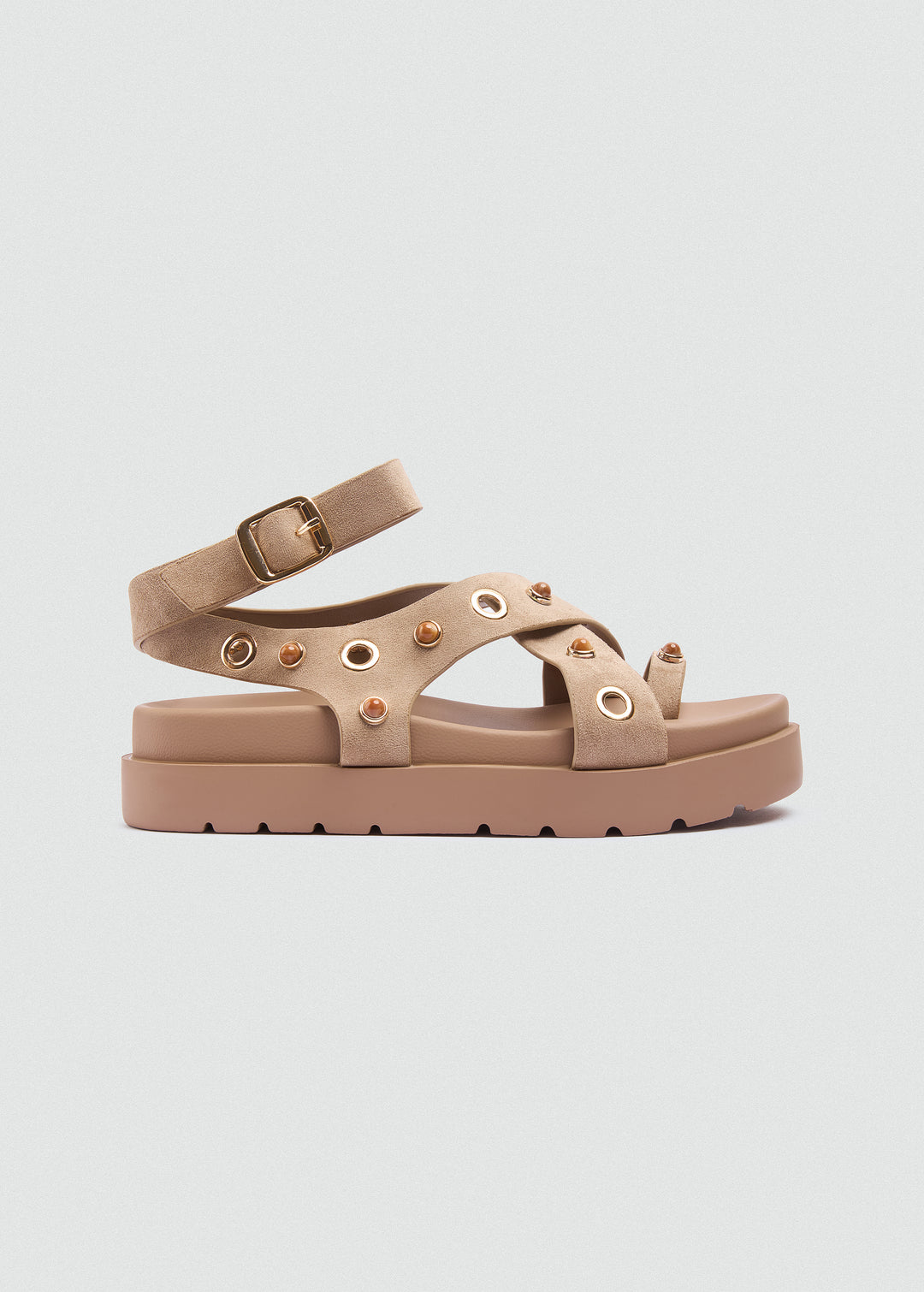 Chunky Suede Platform Crisscross Studded Sandals - Beige