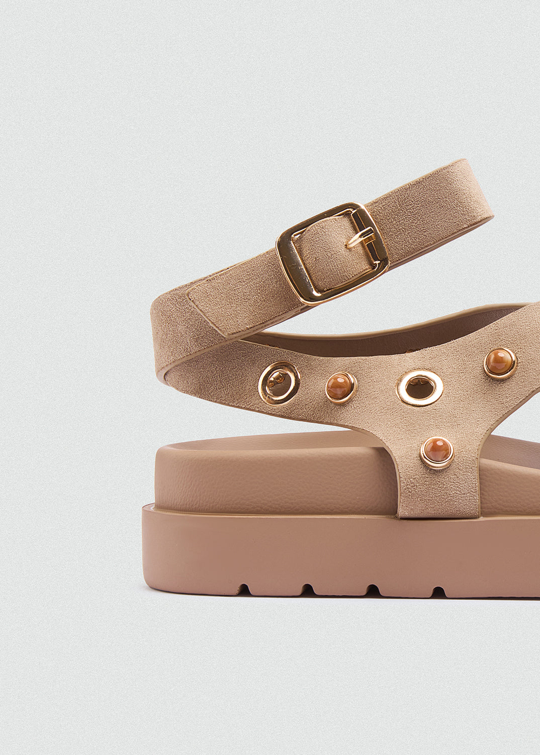 Chunky Suede Platform Crisscross Studded Sandals - Beige