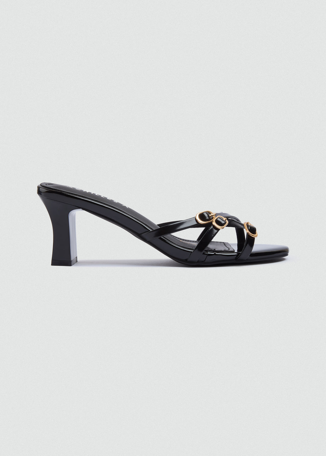 Strappy Mule Heels Gold Buckle - Black